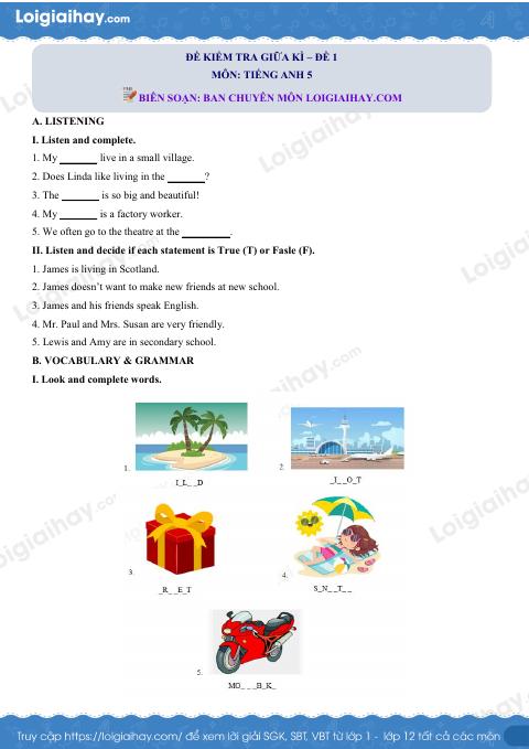 Đề thi giữa kì 1 Tiếng Anh 5 - Đề số 1